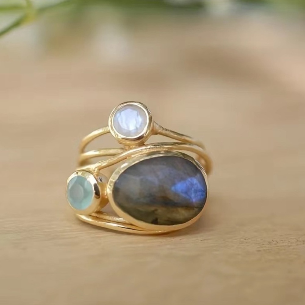 Gold Multi-Stone Ring with Labradorite, Moonstone, and Chalcedony